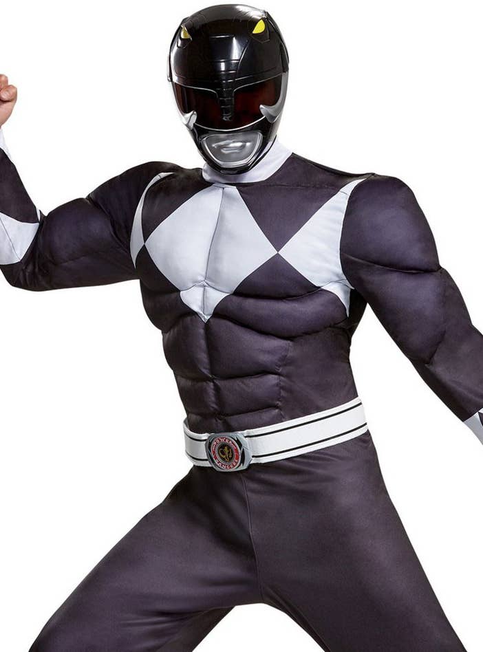 Men's Plus Size Classic Black Muscle Chest Power Ranger Costume - Close Up Image