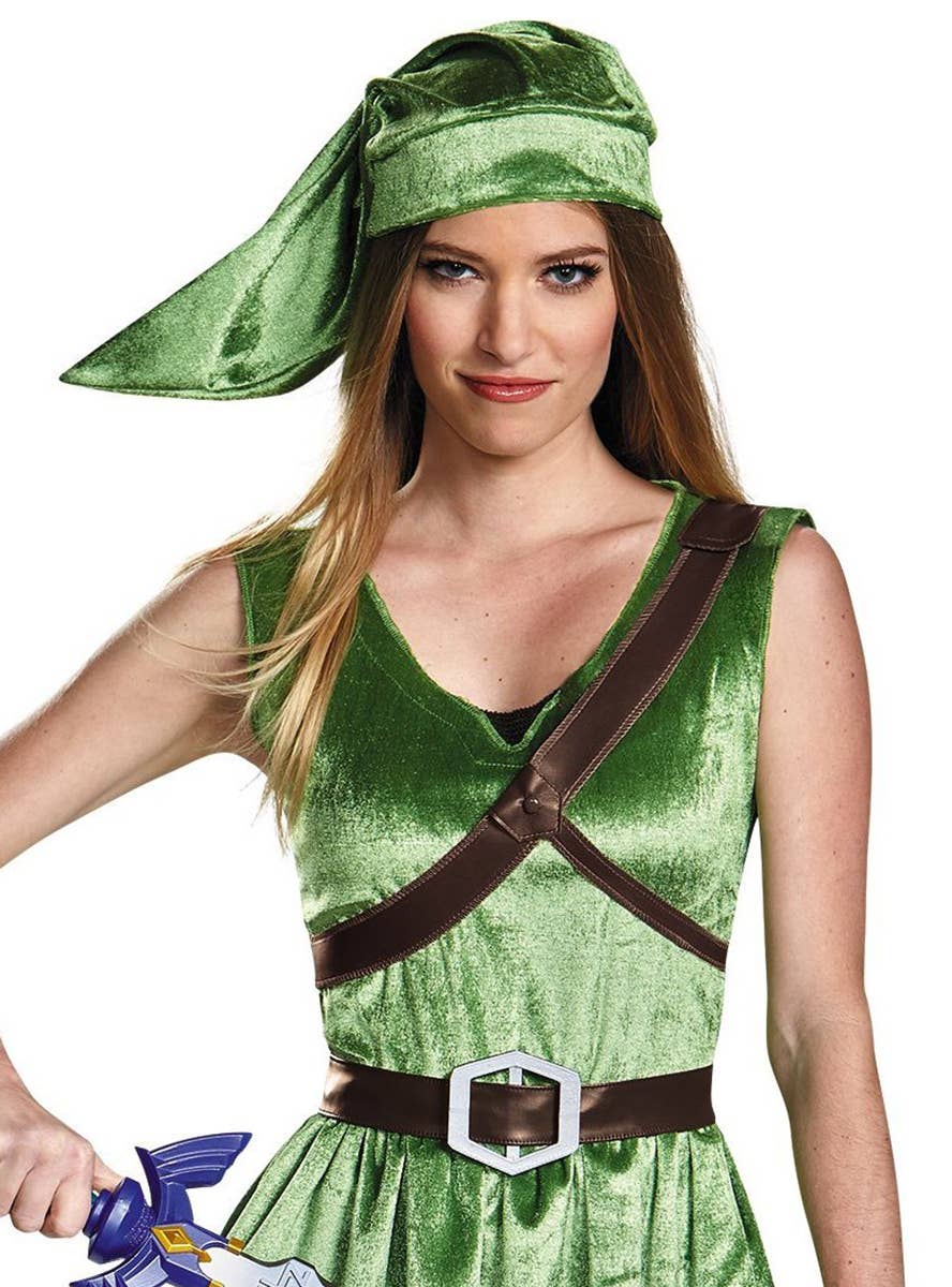 Plus Size Women's Deluxe Green Velvet Legend of Zelda Link Costume - Close Up View 