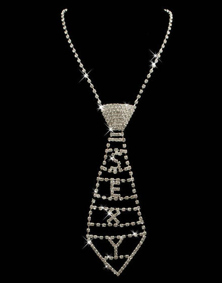 'SEXY' Silver Rhinestone Neck Tie Costume Necklace