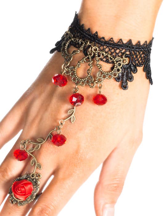 Delicate Black Lace Ring Bracelet with Brass Metal Vine Details Adorned in Red Beads and Rose Details - Alternative View