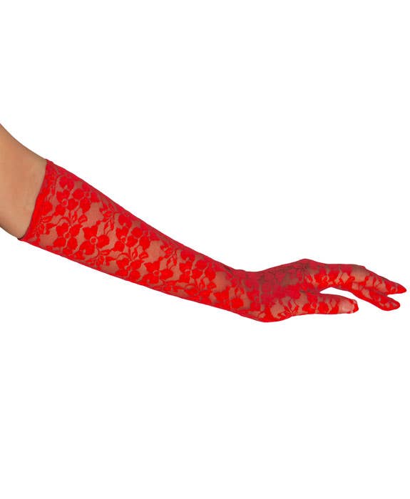 Long Red Lace Elbow Length Costume Gloves