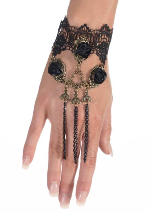 Black Lace Costume Bracelet with Black Roses and Brass Metal Embellishments 