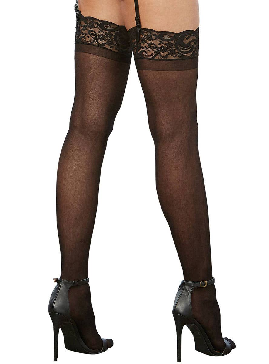 Opaque Black Lace Top Thigh High Stockings - Back Image