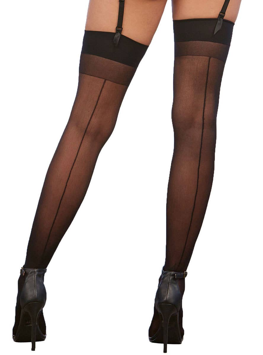 Sheer Black Plain Top Thigh High Stockings with Back Seam - Back Image