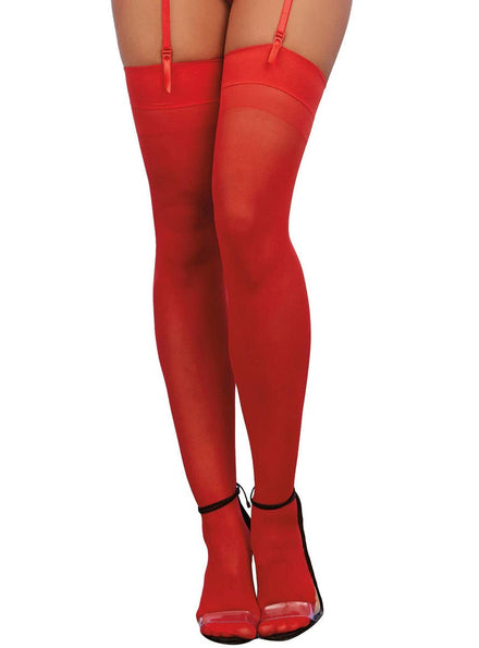 Plus Size Sheer Red Plain Top Thigh High Stockings with Back Seam - Front Image