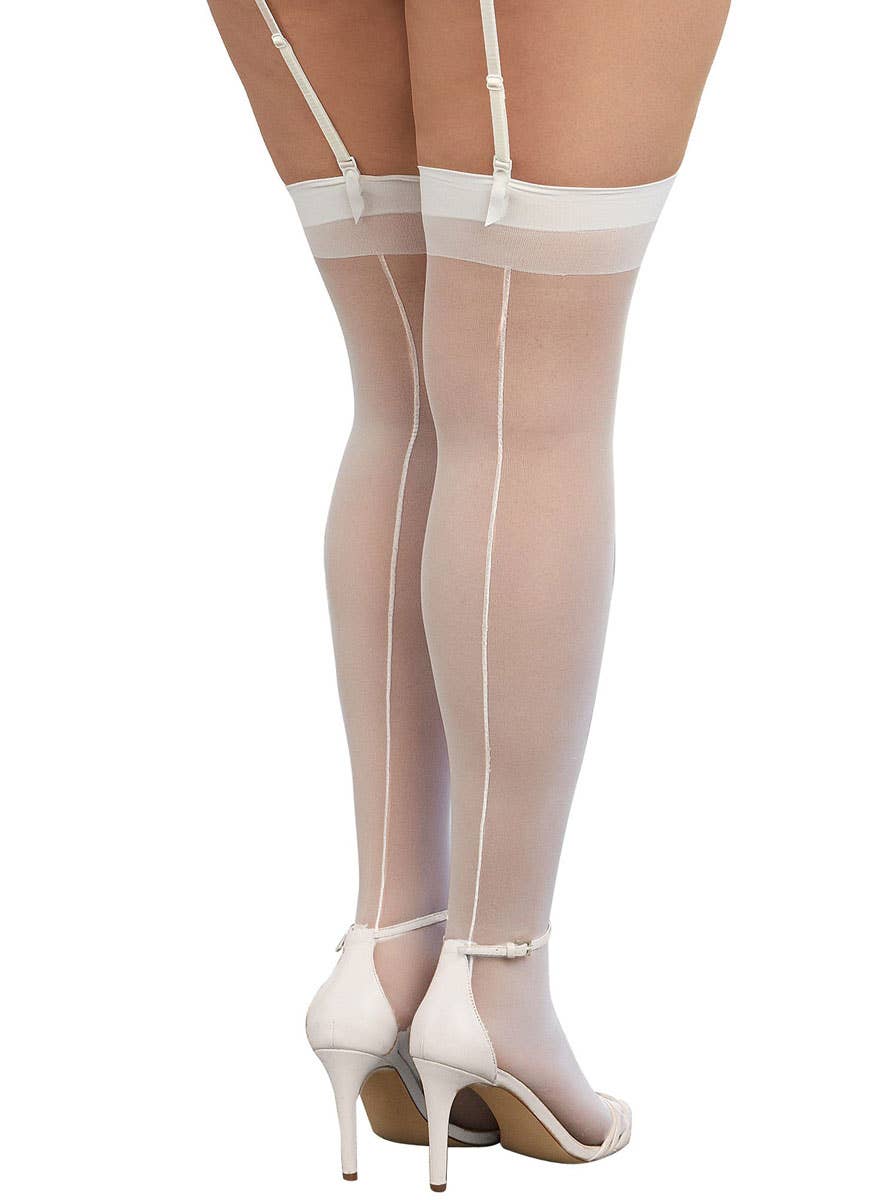 Plus Size Sheer White Plain Top Thigh High Stockings with Back Seam - Back Image