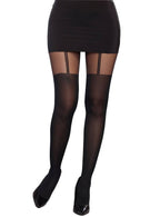 Full Length Sheer Black Stockings with Opaque Black Garters Design