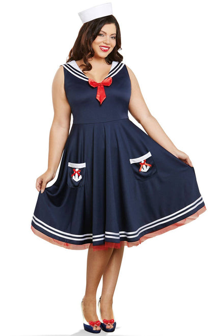 Women's Plus Size Retro Navy Blue Sailor Costume - Front Image