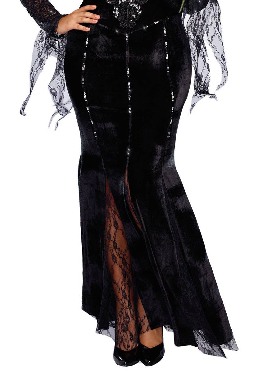 Embroidered Black Morticia Addams Inspired Halloween Costume for Plus Size Women - Close Up Image