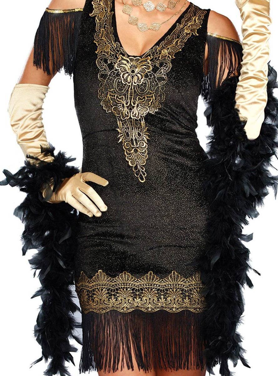 Deluxe Women's Swanky Black and Gold 1920's Flapper Costume - Close Up Image 2