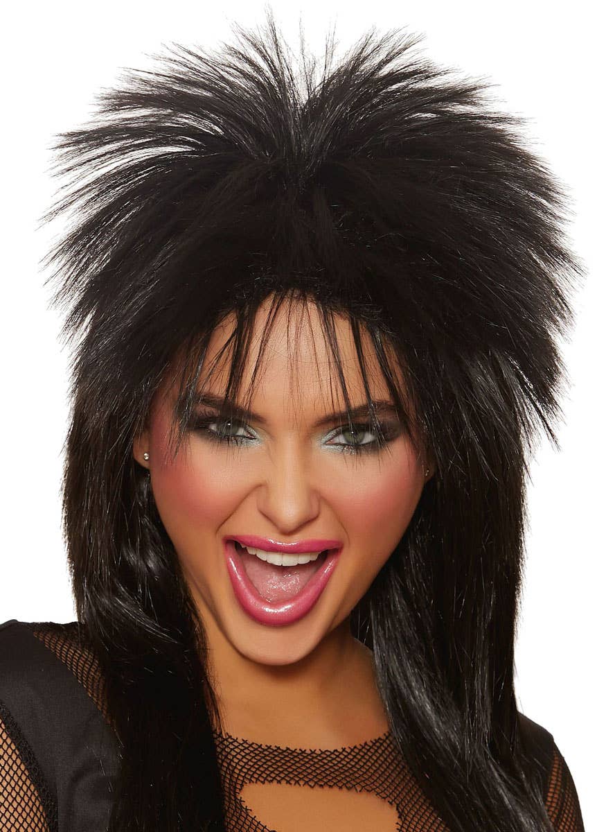 Mid Length Black Spiked Rocker Mullet Costume Wig for Adults - Alternative Image