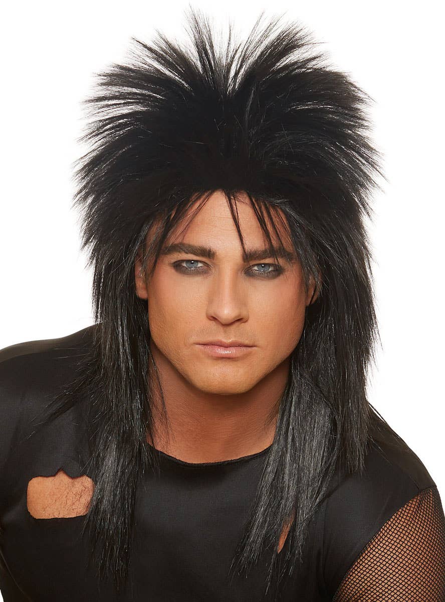 Mid Length Black Spiked Rocker Mullet Costume Wig for Adults - Main Image