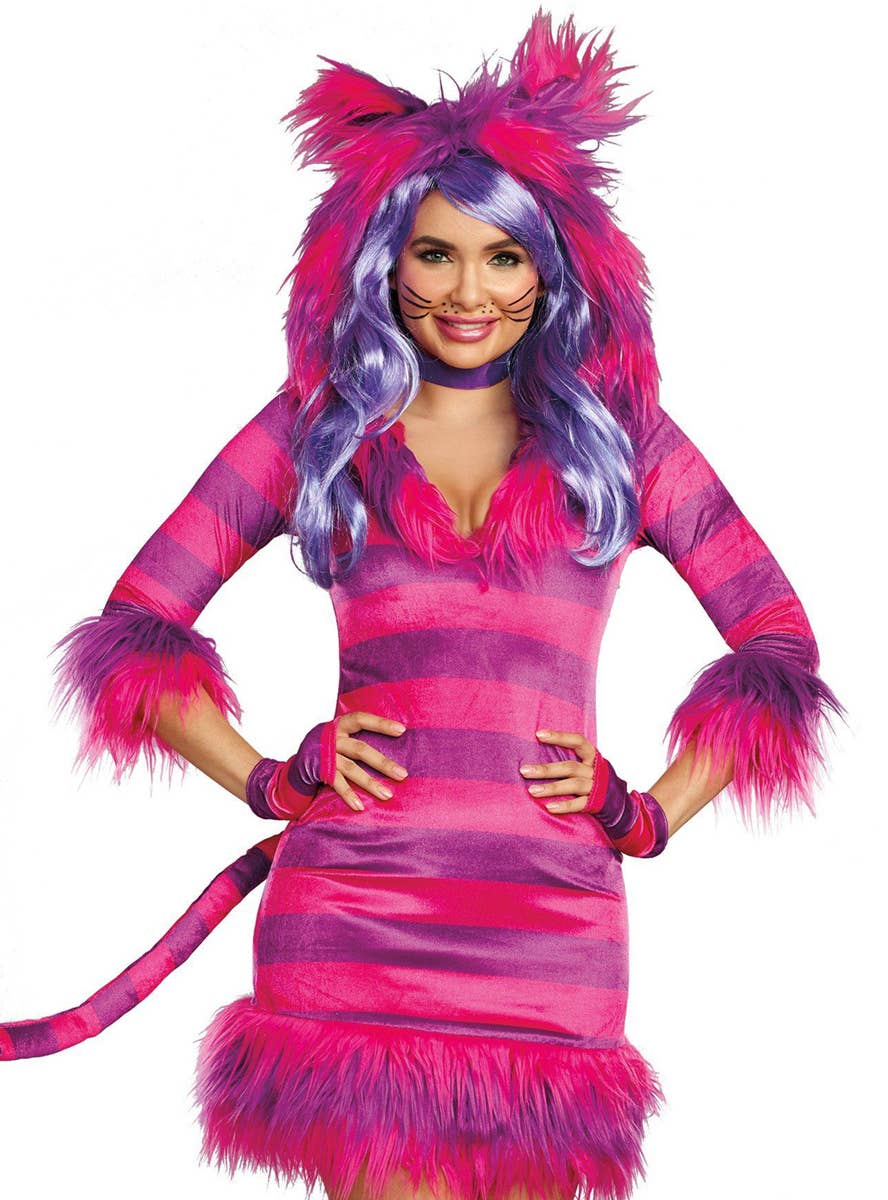 Pink and Purple Crushed Velvet Wonderland Cheshire Cat Costume - Close Up Image