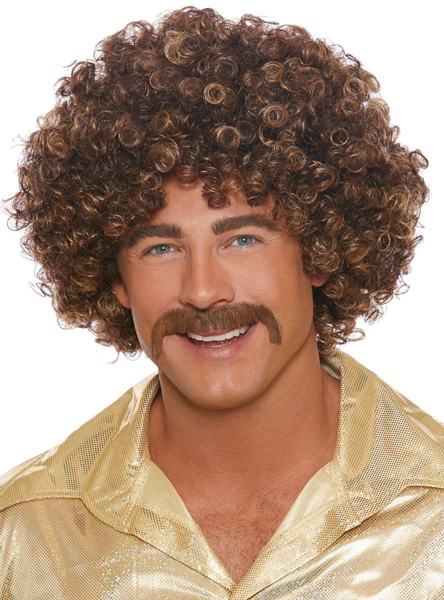 Tight Curly Brown and Blonde Disco Afro Costume Wig for Adults - Alternative Image