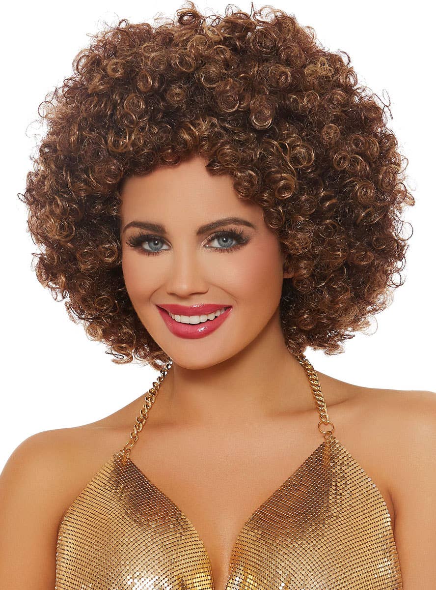 Tight Curly Brown and Blonde Disco Afro Costume Wig for Adults - Main Image