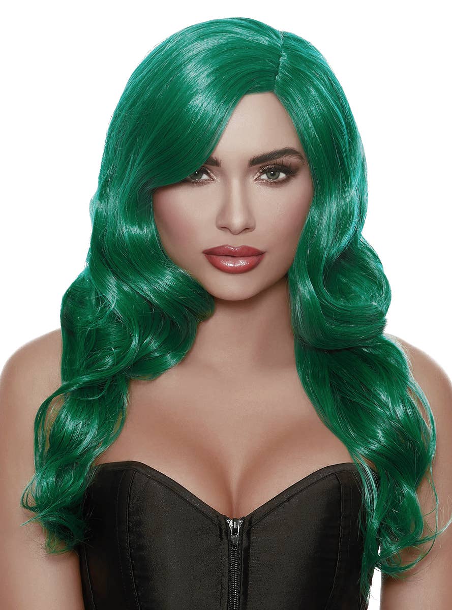 Women's Long Wavy Green Costume Wig with Side Part - Main Image