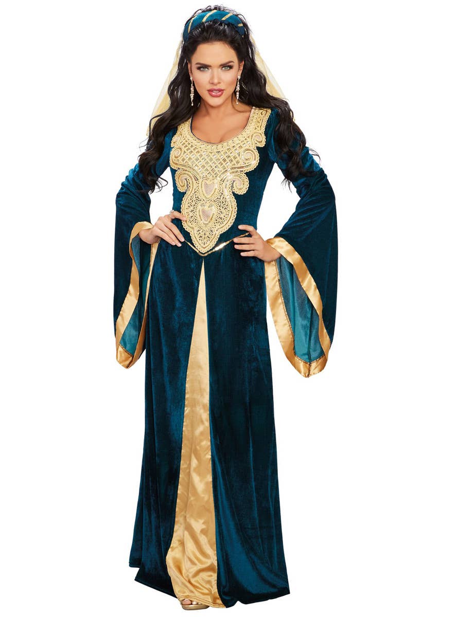 Medieval Maiden Women's Deluxe Blue and Gold Costume Front Image