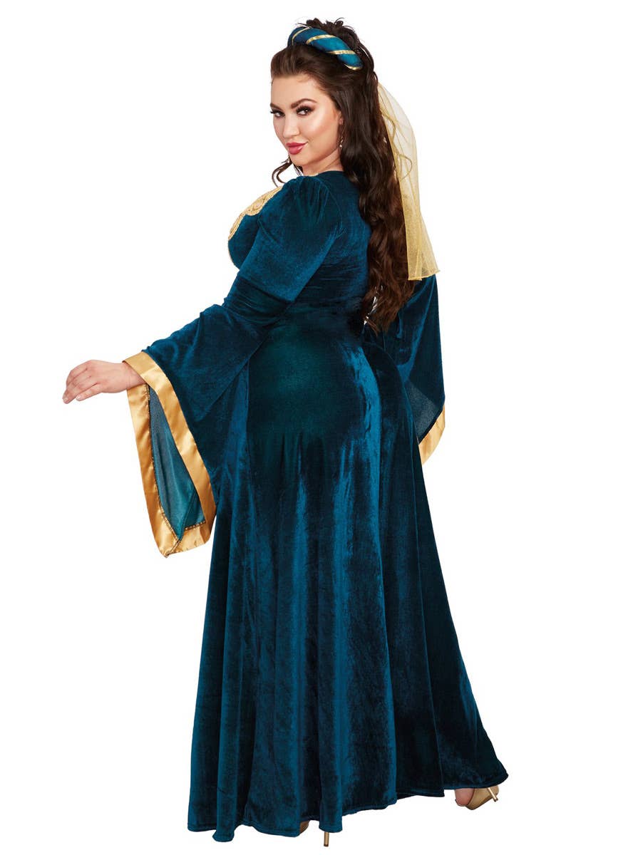 Plus Size Medieval Maiden Deluxe Blue and Gold Costume Back Image