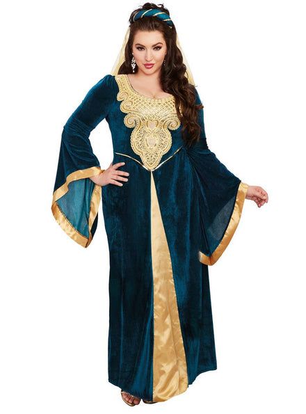 Plus Size Medieval Maiden Deluxe Blue and Gold Costume Front Image