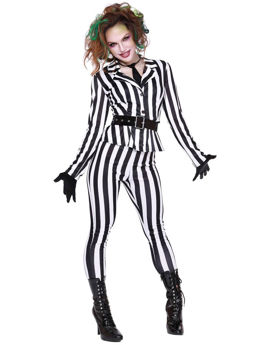Women's Black and White Beetlejuice Costume Front Image