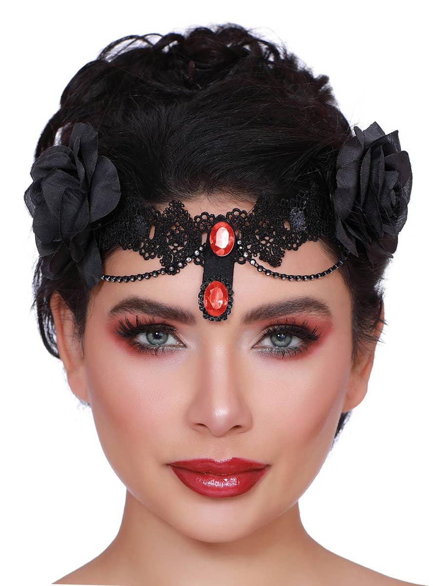 Womens Gothic Black Lace Costume Headpiece | Headpiece with Roses