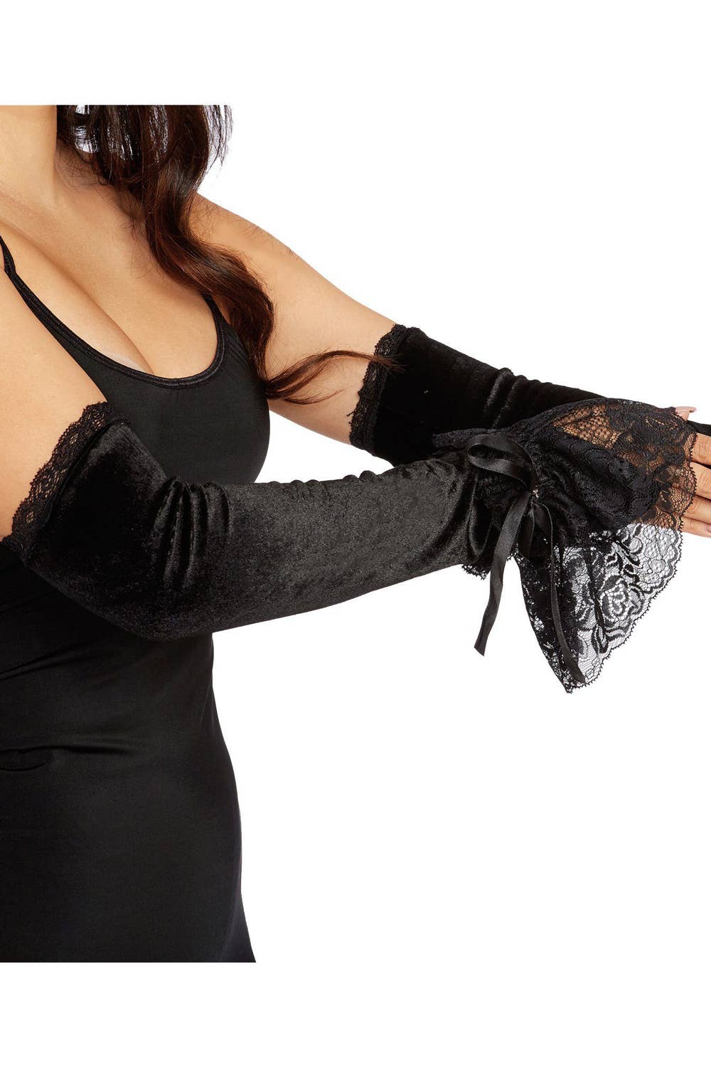 Womens Black Velvet and Lace Gloves - Close Up Image