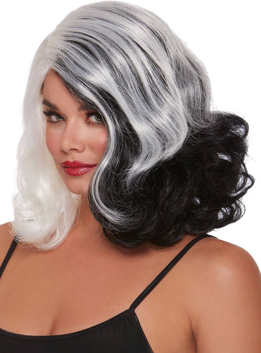 Short Curly Black and White Split Colour Costume Wig for Women - Alternative Image 1