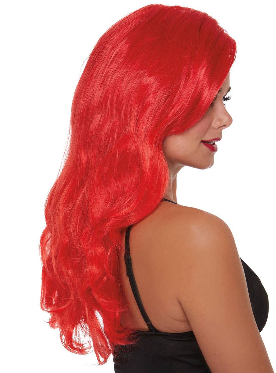 Long Wavy Bright Red Women's Costume Wig with Side Part - Side Image