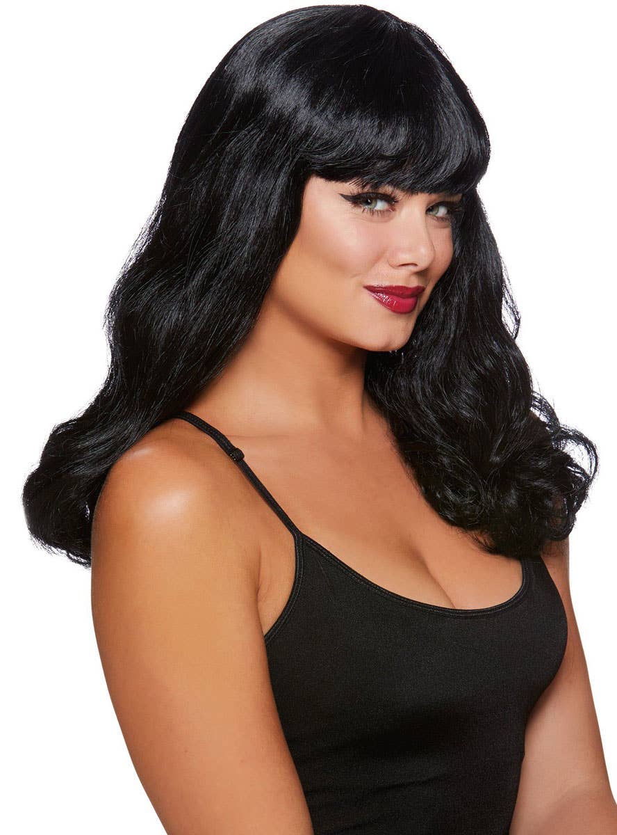 Long Black Curly Bettie Page Inspired Pin Up Costume Wig for Women - Side Image