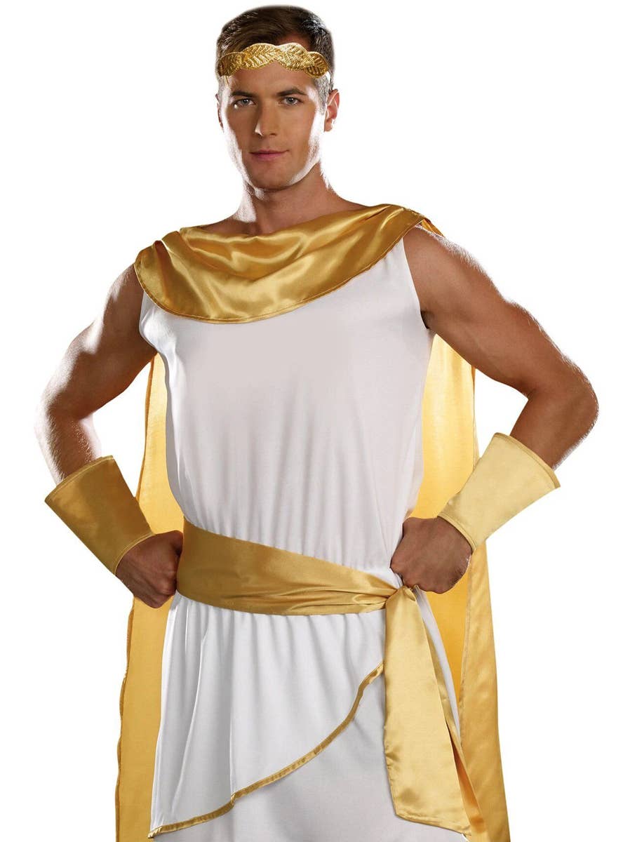 White and Gold Greek God Men's Toga Costume - Close Up Image