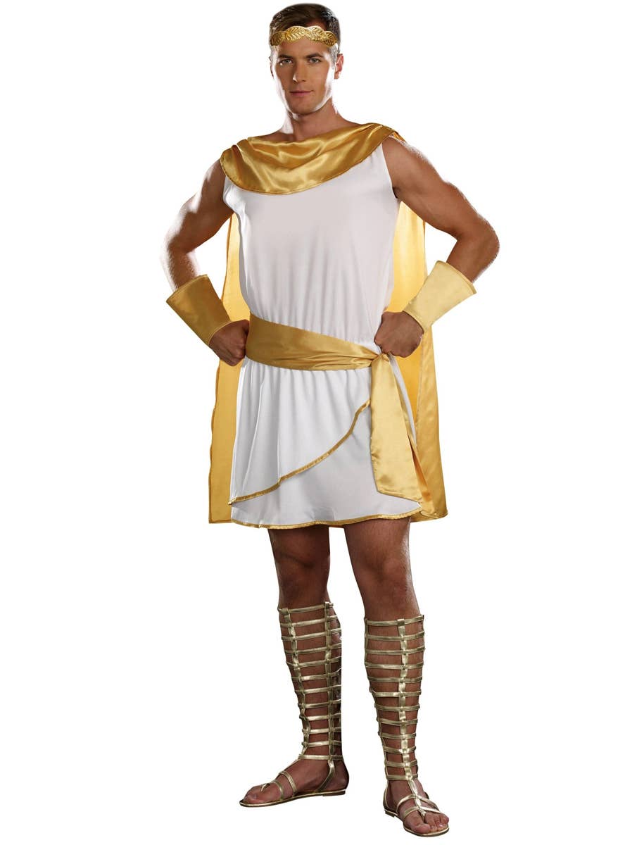 White and Gold Greek God Toga Costume for Plus Size Men - Front Image