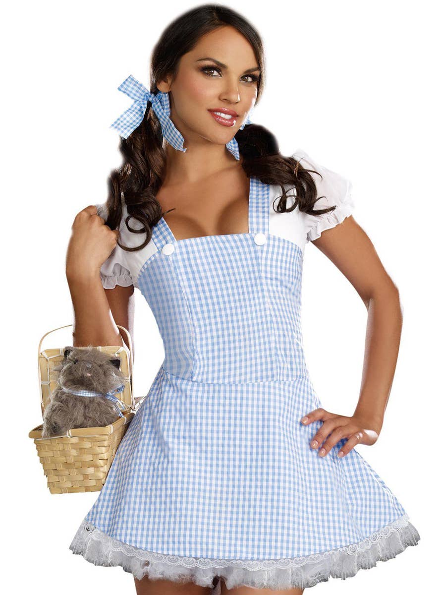 Sexy Blue and White Gingham Wizard of Oz Dorothy Costume for Women - Close Up Image