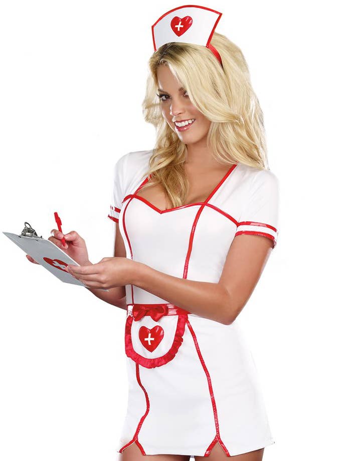 Women's Sexy Red and White Nurse Fancy Dress Costume - Close Image