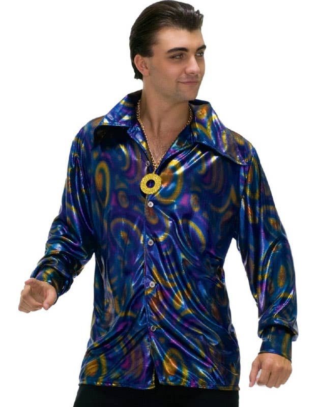 Multi coloured Metallic Men's 1970's Disco Costume Shirt - Alternative Image