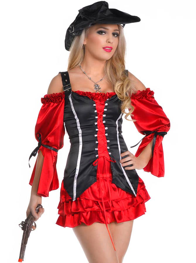 Red Satin Pirate Wench Women's Costume with Black Corset - Close Image 1