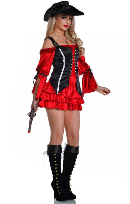 Red Satin Pirate Wench Women's Costume with Black Corset - Alternative Image