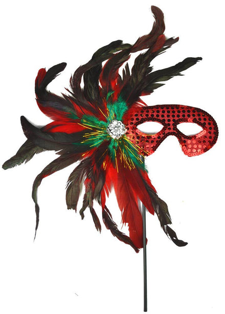 Red Feather Masquerade Mask on a Stick - Main Image 