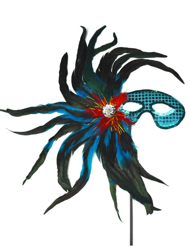 Aqua Sequined Hand Held Feather Masquerade Mask - Alternate Image
