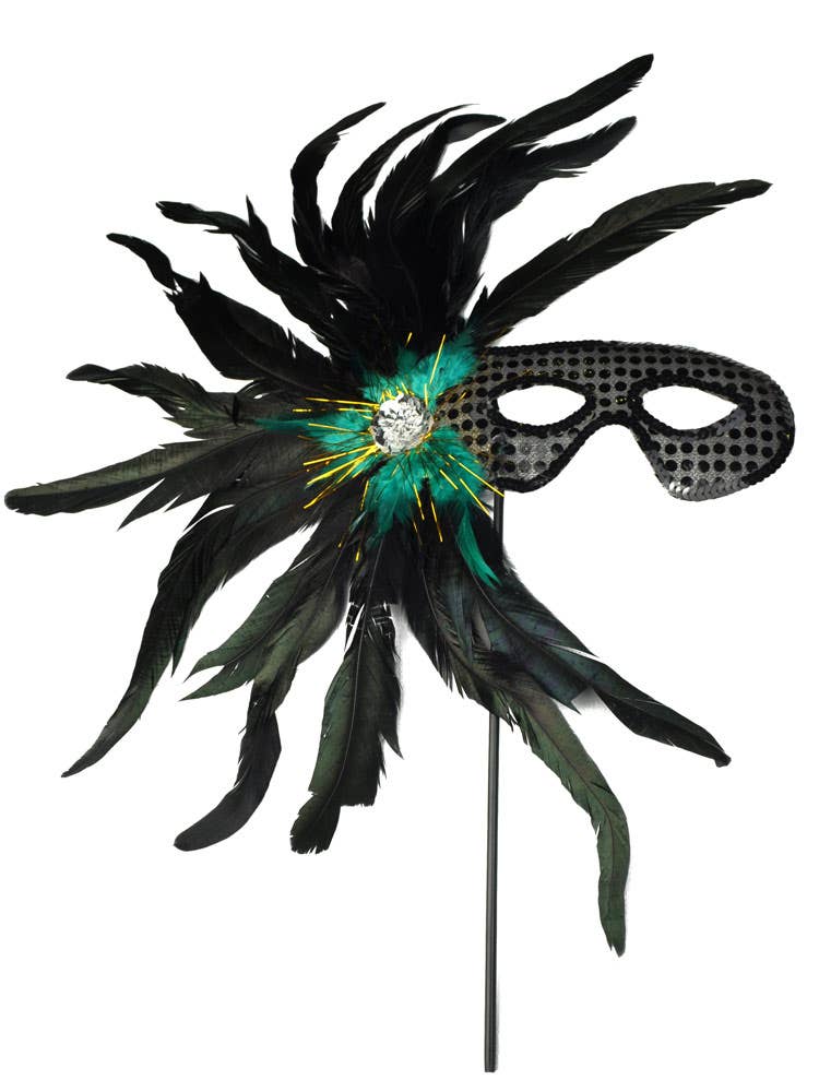 Black Feather Masquerade Mask on a Stick - Main Image