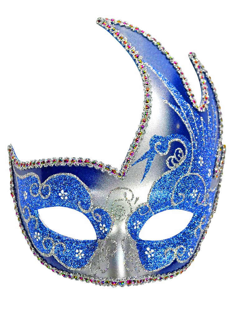 Women's Swan Venetian Masquerade Mask In Silver And Blue Glitter Close Up Image