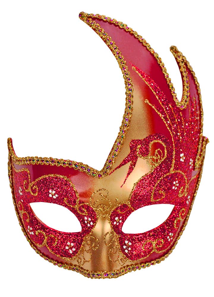 Venetian Swan Red And Gold Glitter Masquerade Costume Mask Alternative View