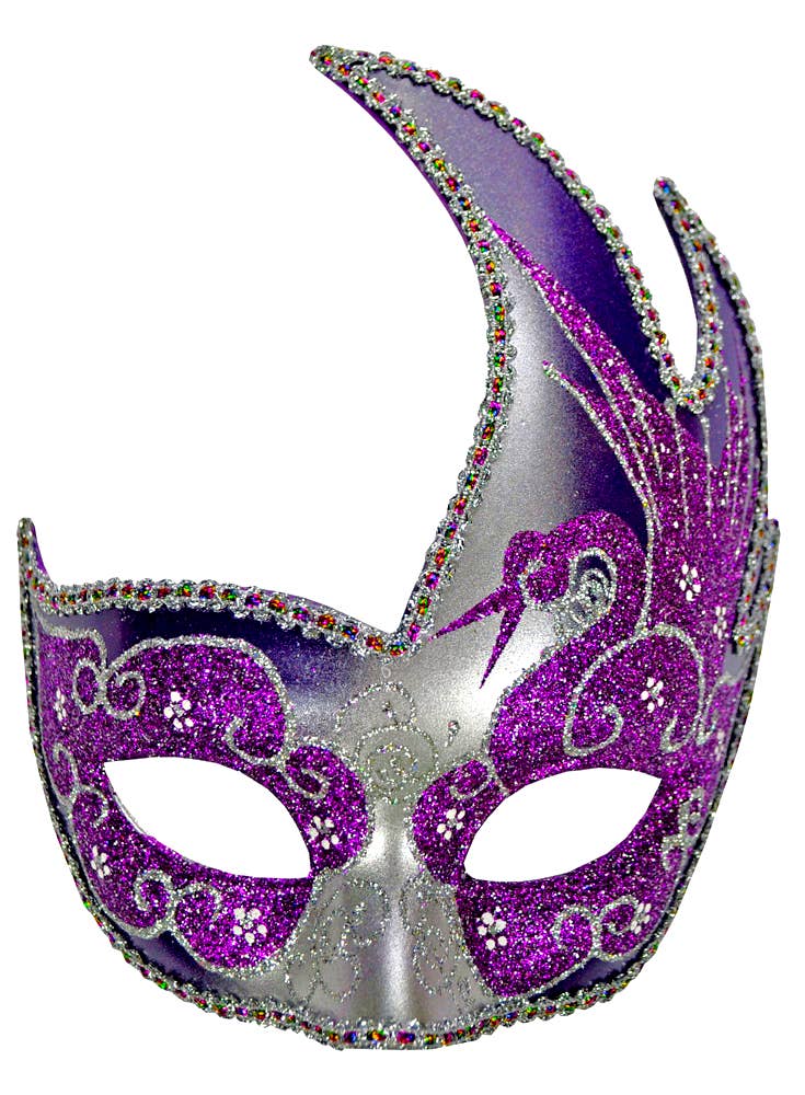Purple And Silver Women's Swan Masquerade Mask Close Up