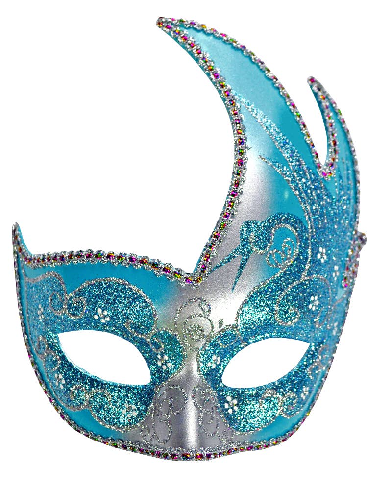 Silver Swan Women's Masquerade Mask With Aqua Glitter Close Up