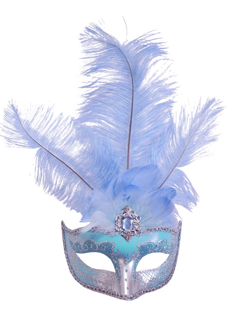 Pale Blue and Silver Women's Masquerade Mask With Tall Feathers Main Image