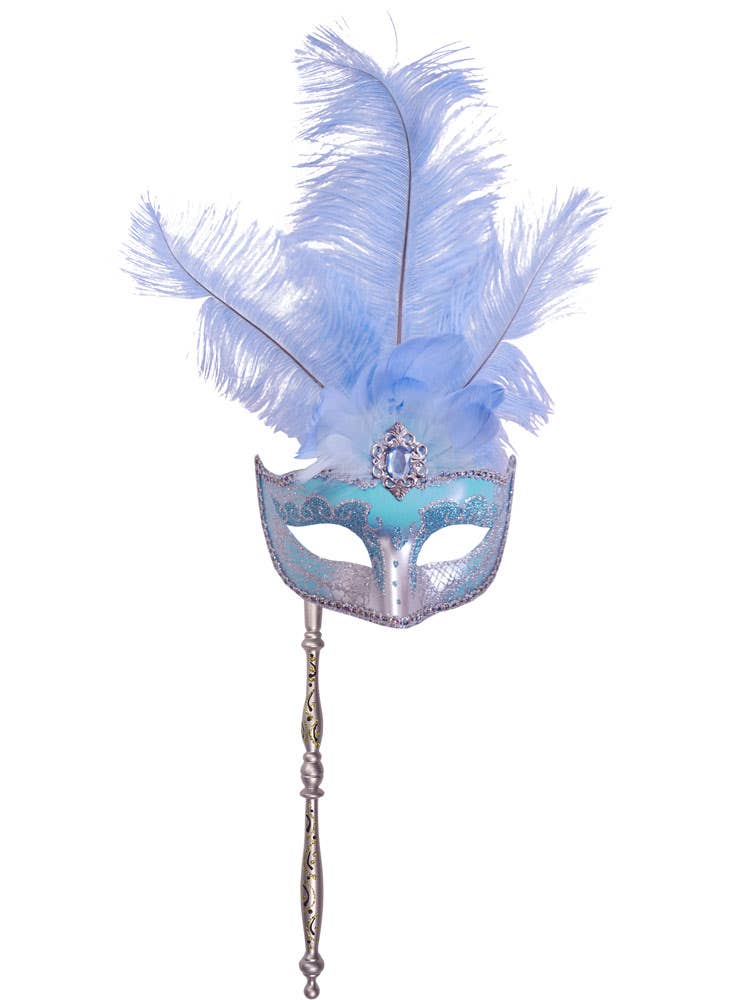Pale Blue Hand Held Feather Masquerade Mask Main Image