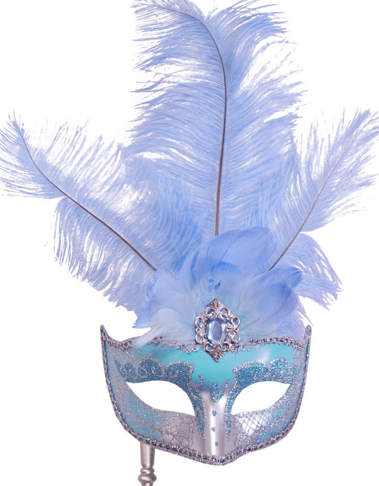 Pale Blue Hand Held Feather Masquerade Mask Close Image