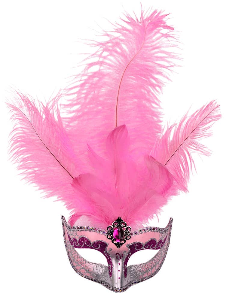 Pink Tall Feather Masquerade Mask