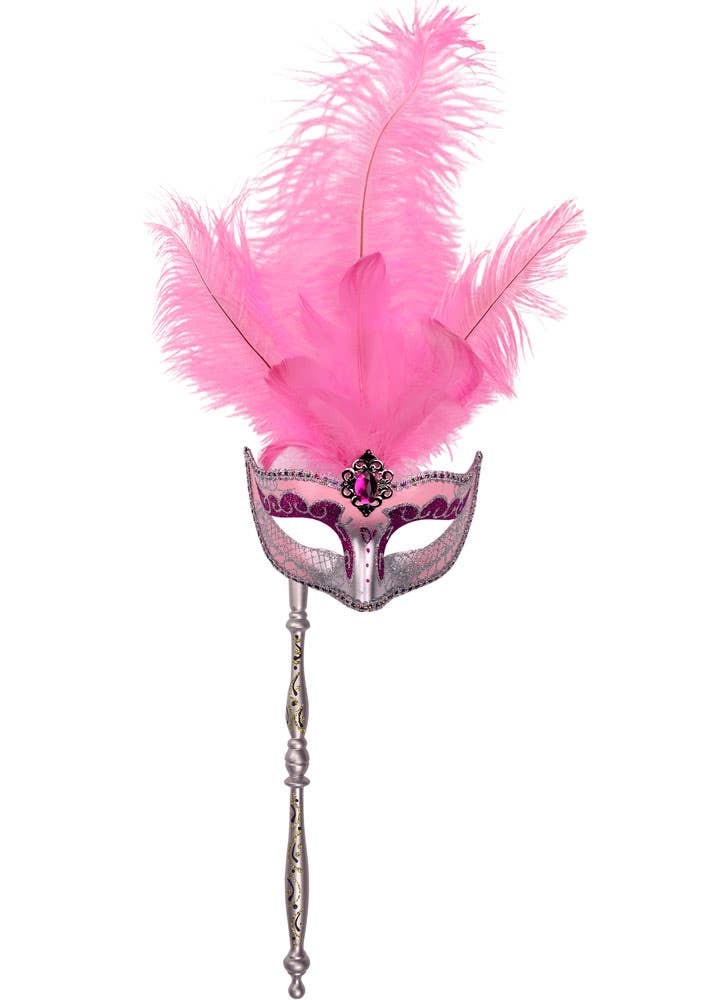 Hand Held Pink Feather Masquerade Mask Main Image