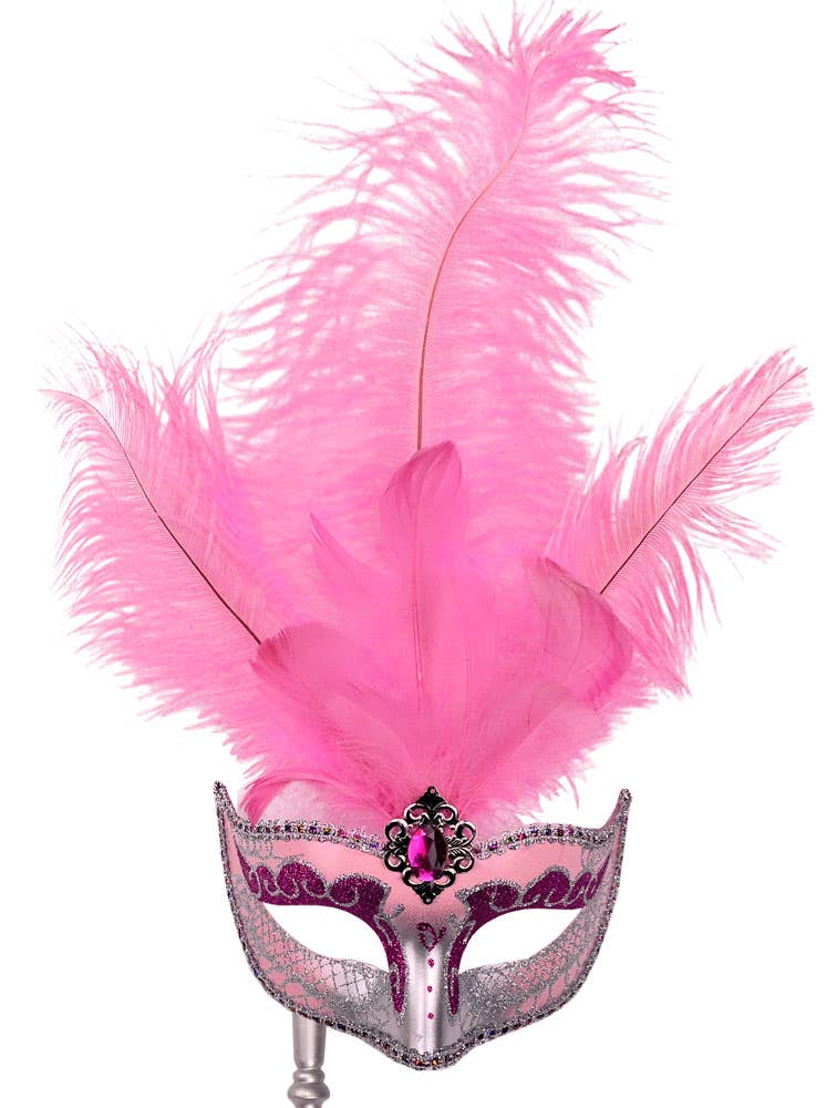 Hand Held Pink Feather Masquerade Mask Close Image