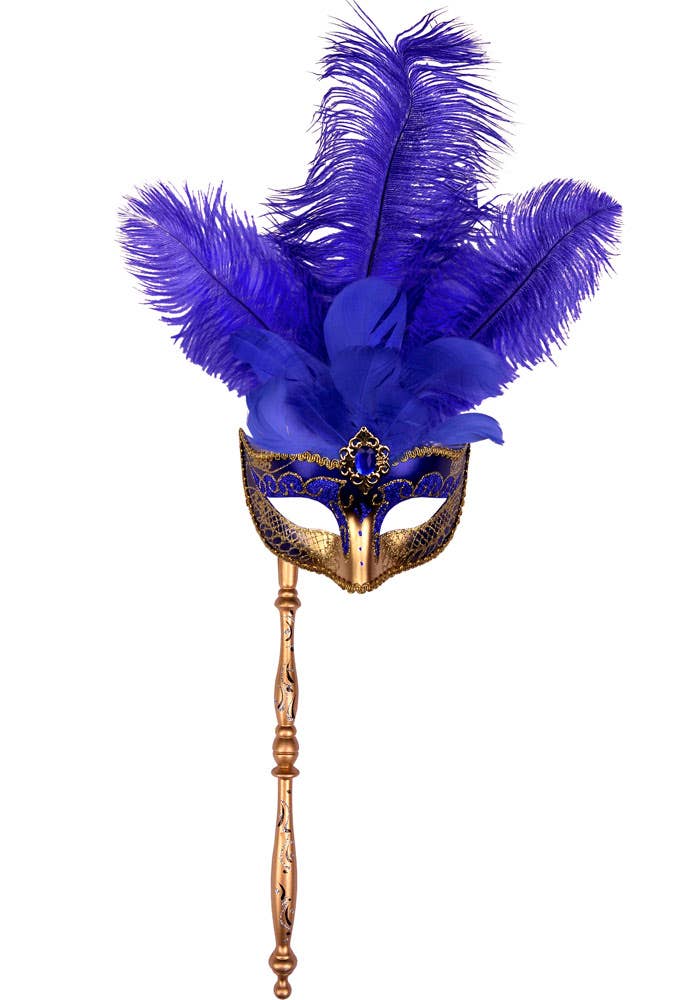 Deluxe Hand Held Blue and Gold Masquerade Mask with Tall Feathers - Alternative Image 1